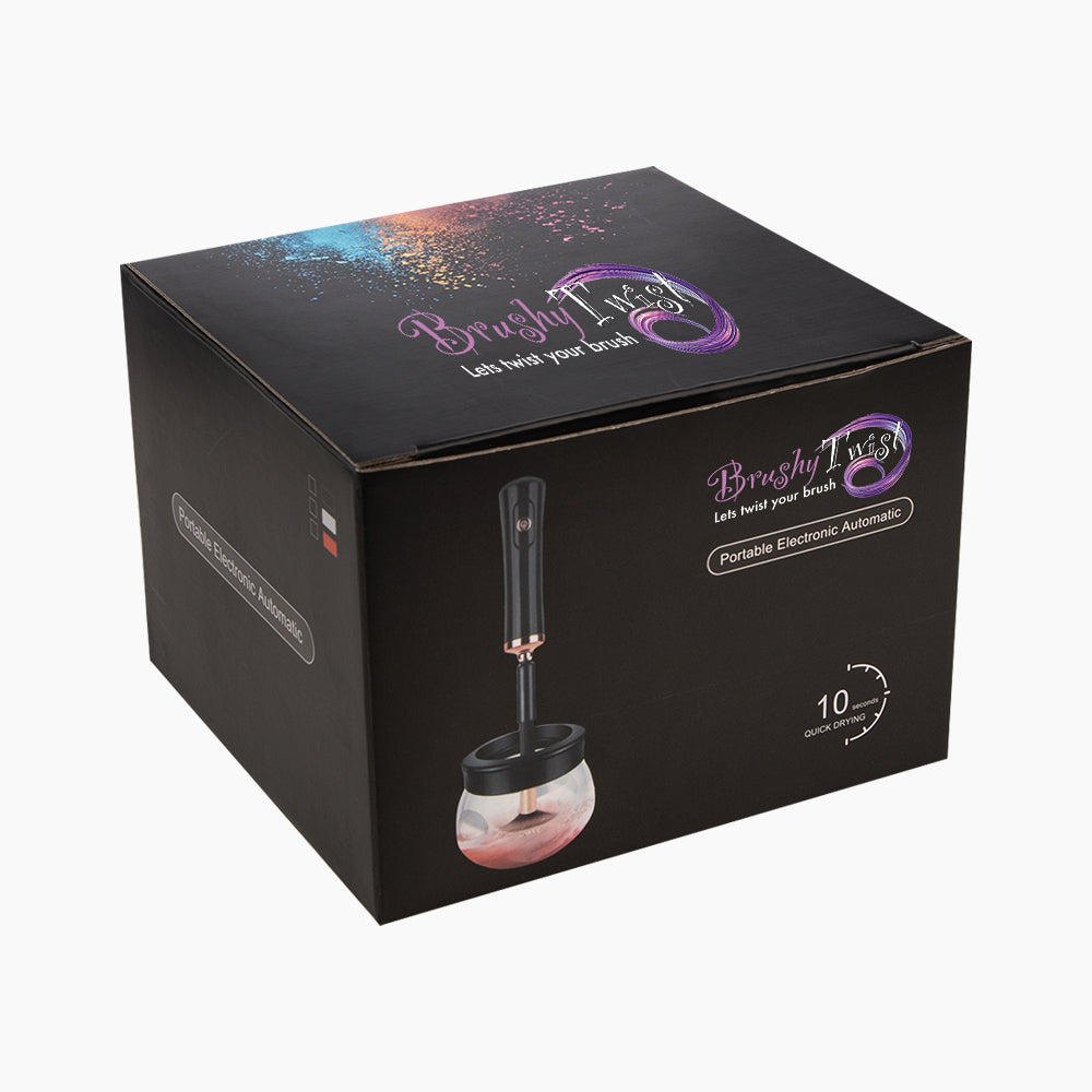 Brushy Twist Produktbox in Schwarz mit buntem Farbeffekt, Gerätemotiv und Schrift Portable Electronic Automatic