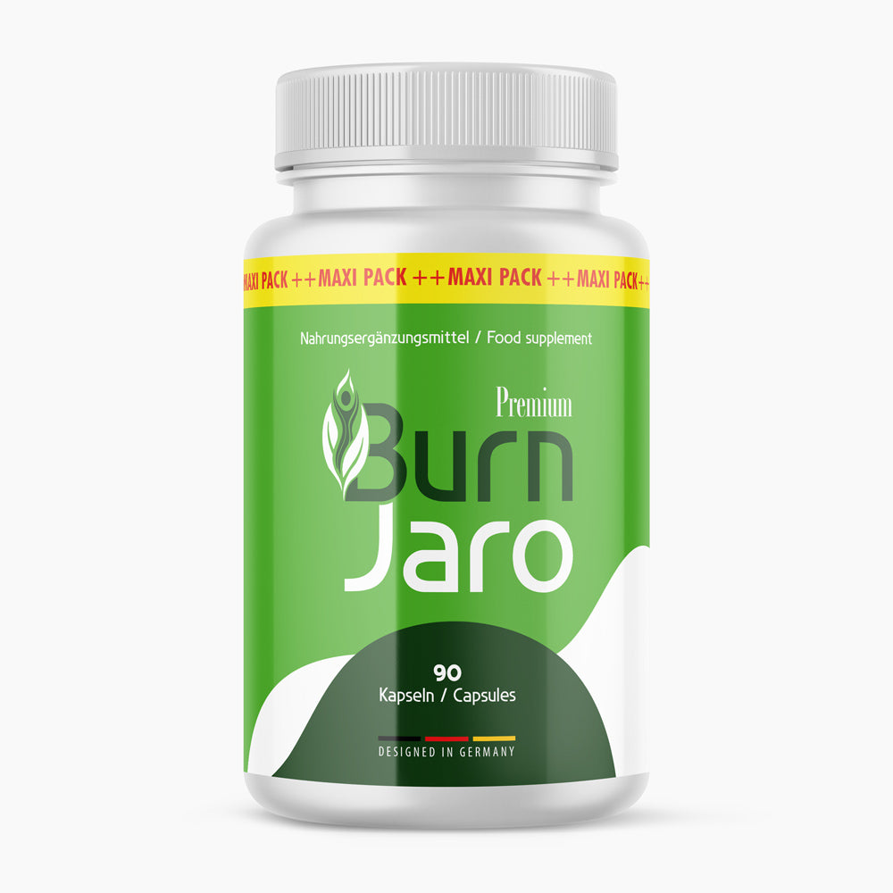 Dose Burn Jaro Premium mit grünem Etikett, weißem Deckel und Hinweis auf 90 Kapseln