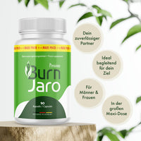 Thumbnail for Burn Jaro Premium in weißer Dose mit vier Infokreisen zu Produktmerkmalen und 90 Kapseln sichtbar