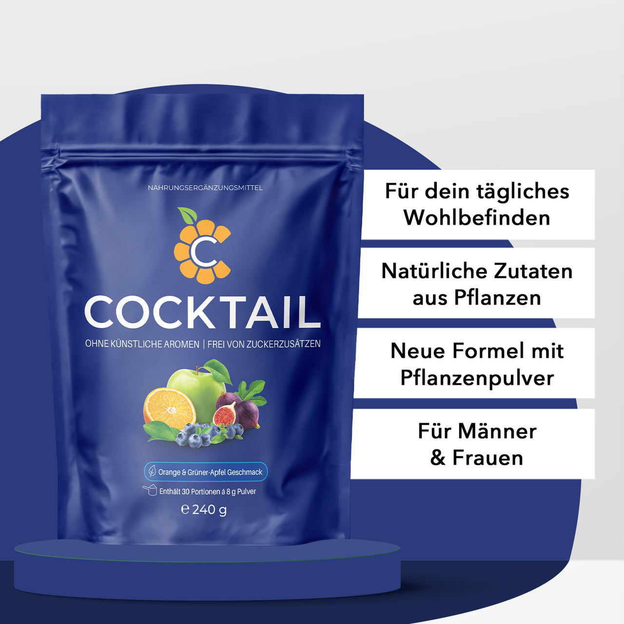 C-Cocktail Standbeutel mit Fruchtabbildung und vier Infopunkten zu Zutaten und Wohlbefinden Bild