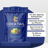 Thumbnail for C-Cocktail Standbeutel mit Fruchtabbildung und vier Infopunkten zu Zutaten und Wohlbefinden Bild