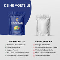 Thumbnail for Blauer C-Cocktail Standbeutel neben neutraler Dose, mit Bewertungslisten zu Vor- und Nachteilen