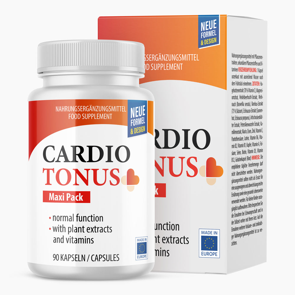 Weiße Kunststoffdose mit Schrift Cardiotonus Maxi Pack mit 90 Kapseln vor passender Faltschachtel mit Farbverlauf