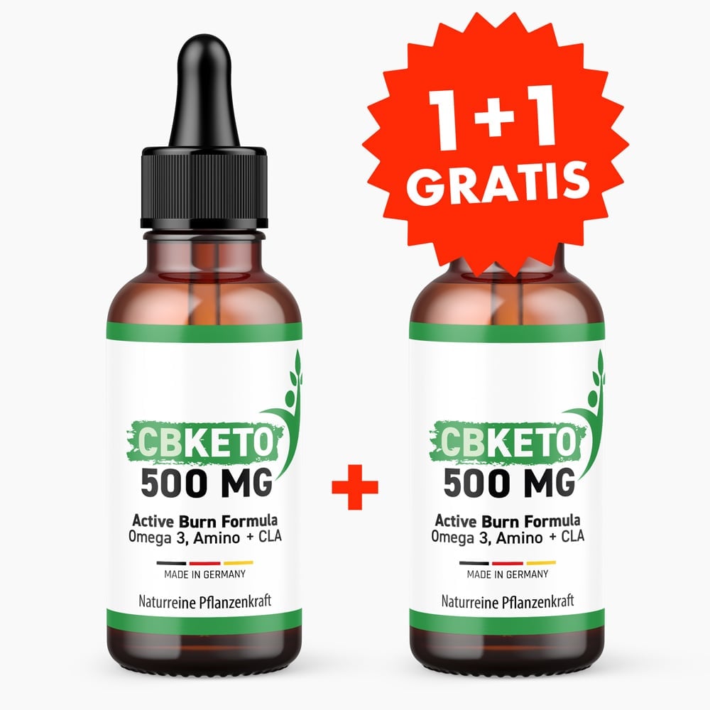 Braune Flaschen mit grünem Etikett CBKETO 500 MG Active Burn Formula vor weißem Hintergrund mit rotem 1+1 Gratis Symbol