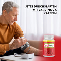 Thumbnail for Mann misst Blutdruck, daneben CardioNova Kapseln und Text Jetzt durchstarten