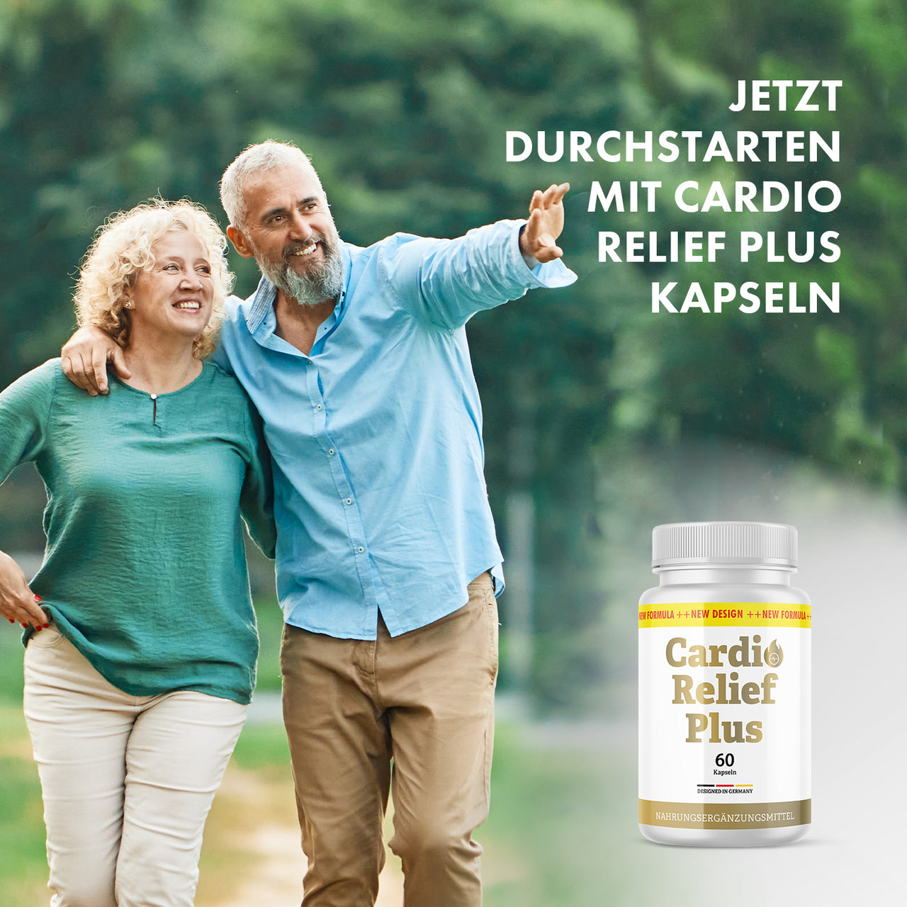 Älteres Paar geht im Grünen, rechts Cardio Relief Plus Kapseln und Text zum Durchstarten