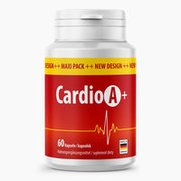 Thumbnail for Weiße Kunststoffdose mit rotem Etikett Cardio A+ mit 60 Kapseln und stilisiert gezeigter Herzlinie