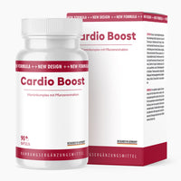 Thumbnail for 
Weiße Kunststoffdose mit rotem Etikett Cardio Boost, 90 Kapseln vor passender Faltschachtel