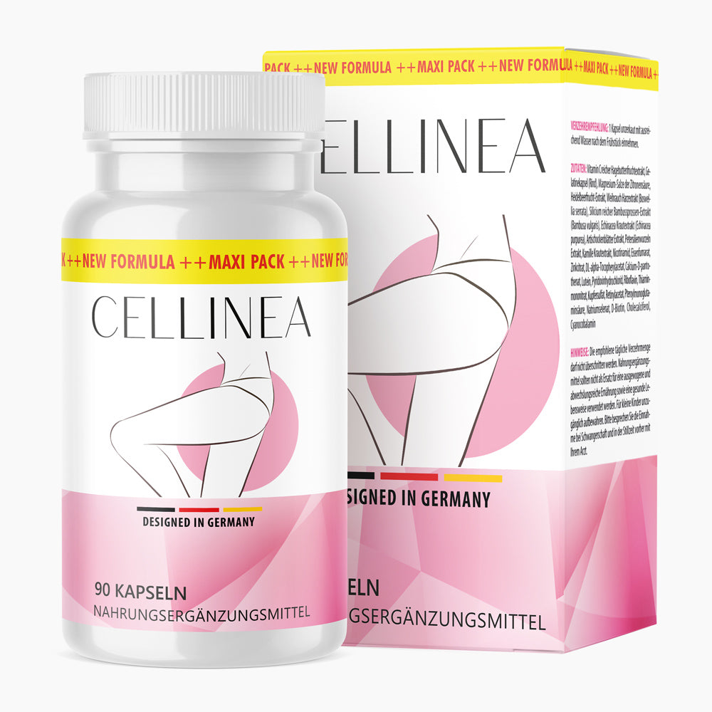 Cellinea Nahrungsergänzung, 90 Kapseln, Dose mit Figurzeichnung und passender Verpackung