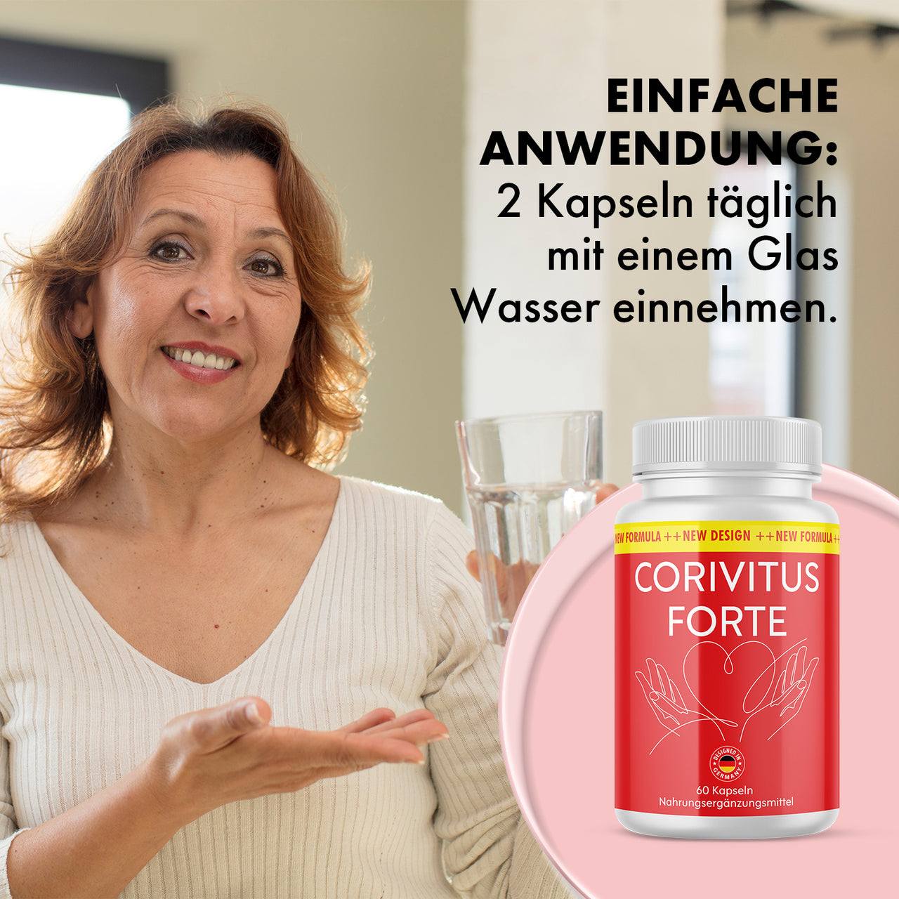 Frau hält Wasserglas neben Dose Corivitus Forte und sichtbarem Einnahmehinweis oben rechts