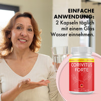 Thumbnail for Frau hält Wasserglas neben Dose Corivitus Forte und sichtbarem Einnahmehinweis oben rechts