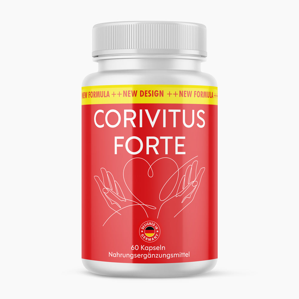 Dose Corivitus Forte mit rotem Etikett, Herzmotiv aus Händen und Hinweis unten auf 60 Kapseln