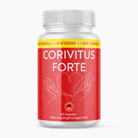 Thumbnail for Dose Corivitus Forte mit rotem Etikett, Herzmotiv aus Händen und Hinweis unten auf 60 Kapseln
