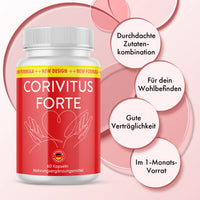 Thumbnail for Dose Corivitus Forte mit rotem Etikett, vier Infokreisen und rosa Kreisgrafik im Hintergrund