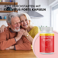 Thumbnail for Älteres Paar sitzt lächelnd am Tisch neben Dose Corivitus Forte Kapseln und großem Text oben