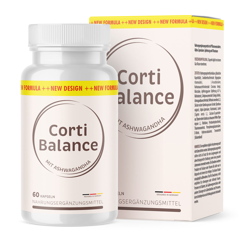 Weiße Kunststoffdose Corti Balance mit Ashwagandha 60 Kapseln vor Faltschachtel mit gleichem Design