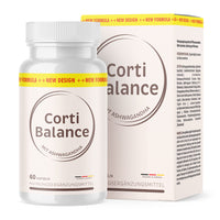 Thumbnail for Weiße Kunststoffdose Corti Balance mit Ashwagandha 60 Kapseln vor Faltschachtel mit gleichem Design