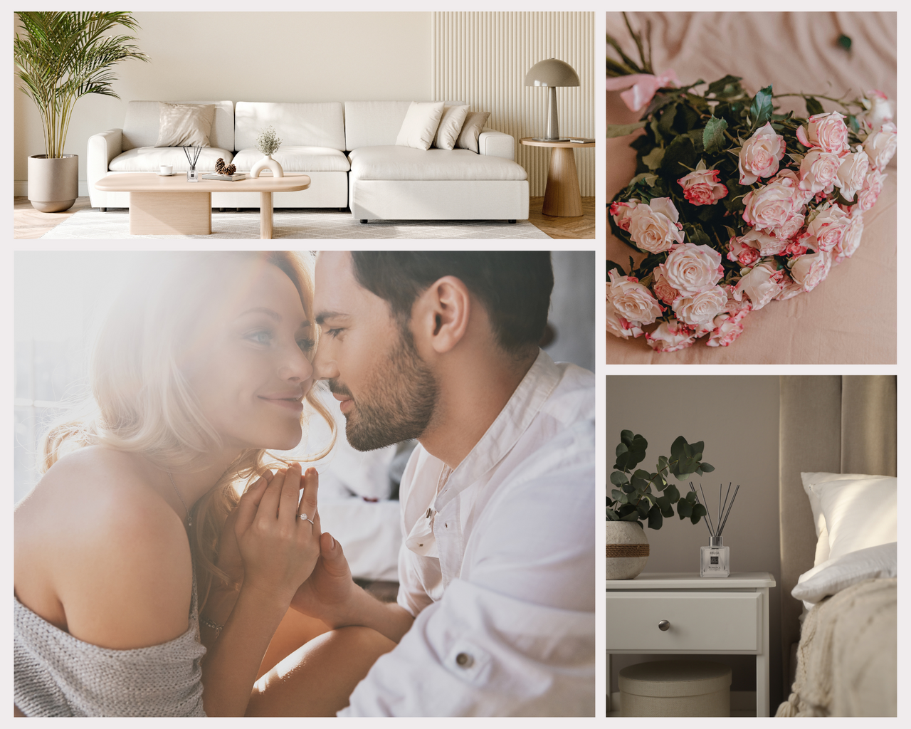 Bildcollage mit Duftstäbchen, Blumen, Schlafzimmerdeko und verliebtem Paar