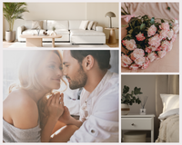 Thumbnail for Bildcollage mit Duftstäbchen, Blumen, Schlafzimmerdeko und verliebtem Paar
