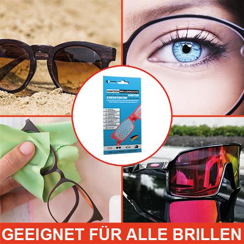 Collage mit verschiedenen Brillen und zentraler Verpackung Hightech Brillenschutz von oben