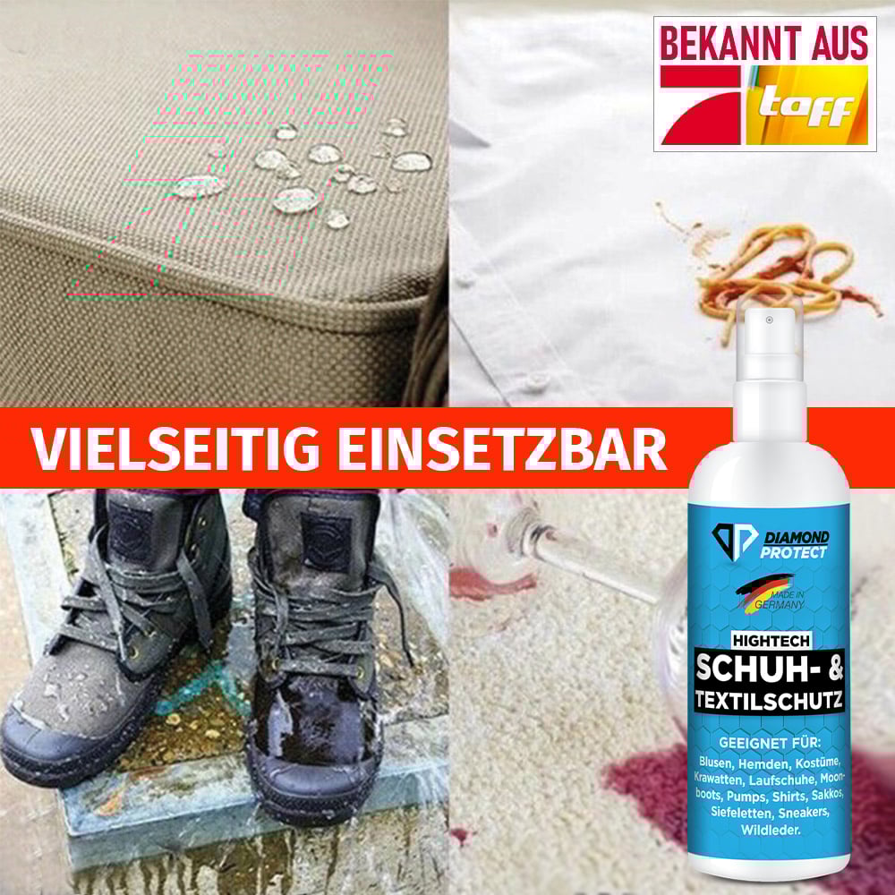 Diamond Protect Schuh- & Textilschutz 100 ml neben Bildern von wasserabweisendem Stoff, Hemd, Schuhen und Teppich