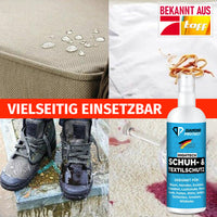 Thumbnail for Diamond Protect Schuh- & Textilschutz 100 ml neben Bildern von wasserabweisendem Stoff, Hemd, Schuhen und Teppich