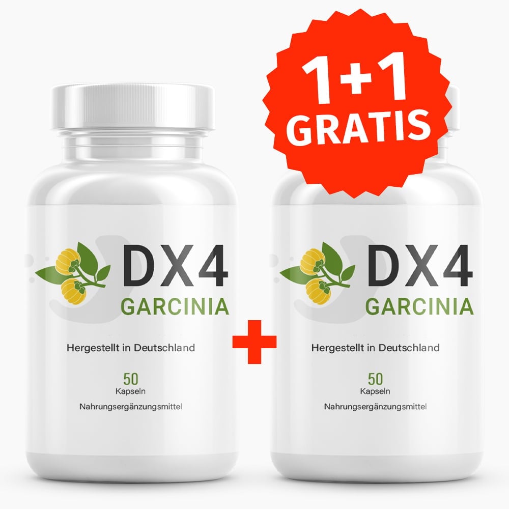 Produktabbildung von zwei Dosen DX4 GARCINIA mit gelbem Früchtemotiv und 1+1 GRATIS Kennzeichnung