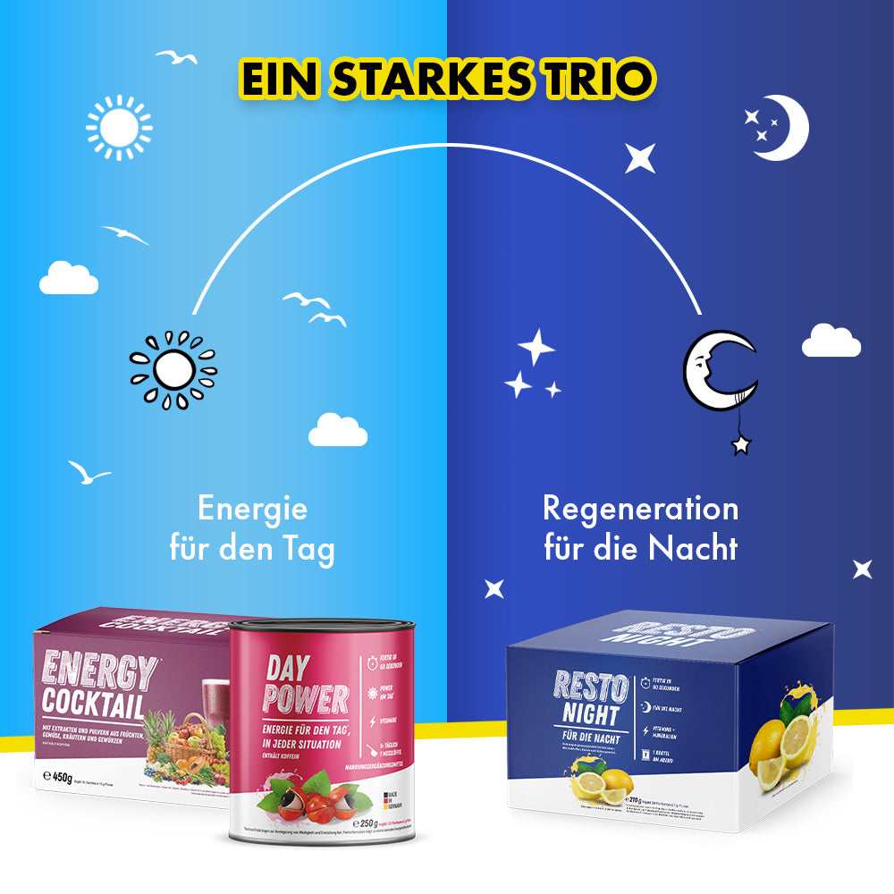 Ein Starkes Trio, Energie für den Tag: Day Power und Energy Cocktail. Regeneration für die Nacht: Resto Night