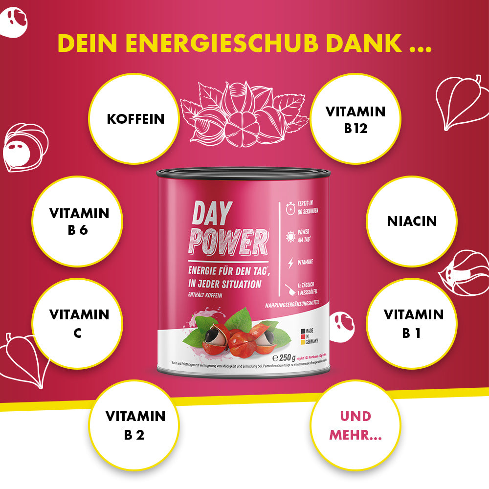 Day Power Dose mit Inhaltsstoffen: Koffein, Vitamin B12, B1, B2, B6, C, Niacin und mehr