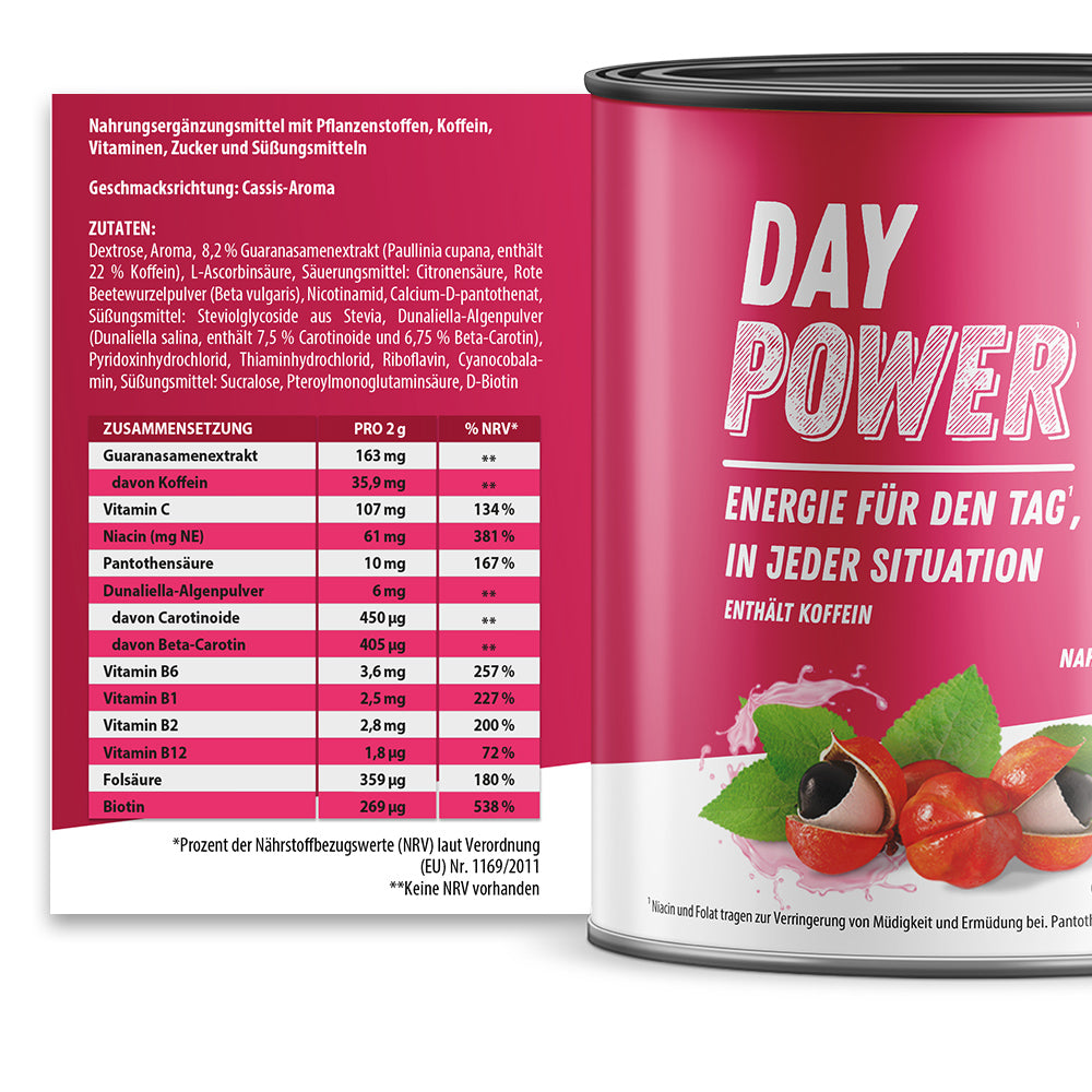 Detailaufnahme der Day Power Nährwerttabelle mit Angaben zu Koffein, Vitaminen und pflanzlichen Inhaltsstoffen