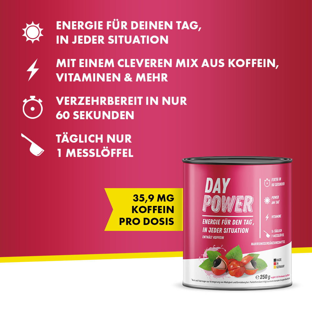 Day Power Dose mit Stichpunkten: Energie, Koffeinmix, Vitamine, 60 Sek. Zubereitung, 1 Messlöffel pro Tag