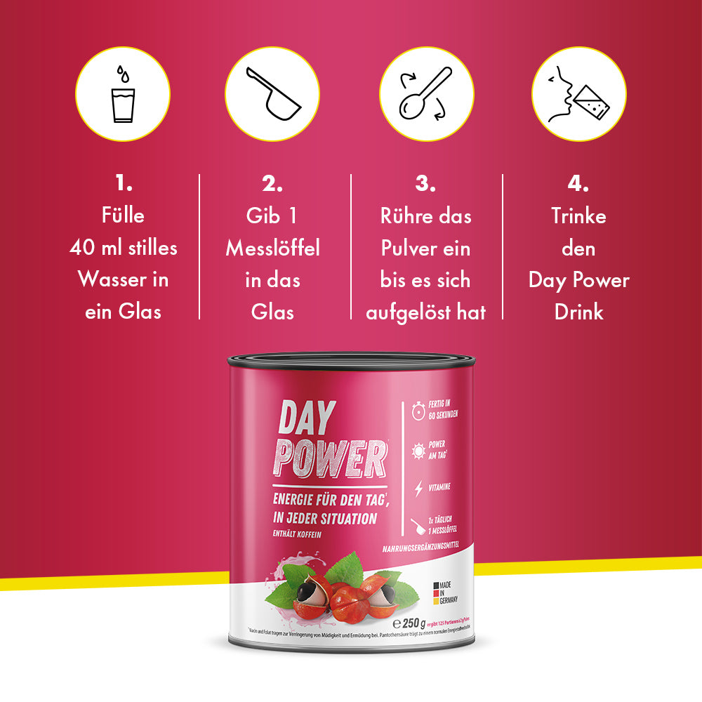Day Power Zubereitung in 4 Schritten: Wasser einfüllen, Pulver dosieren, umrühren, trinken