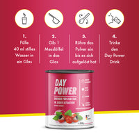Thumbnail for Day Power Zubereitung in 4 Schritten: Wasser einfüllen, Pulver dosieren, umrühren, trinken
