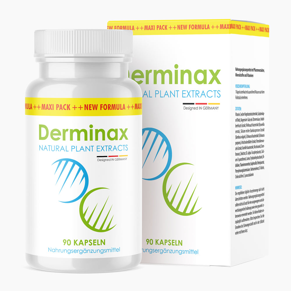 Kunststoffdose mit Etikett Derminax Natural Plant Extracts, 90 Kapseln vor passender Faltschachtel