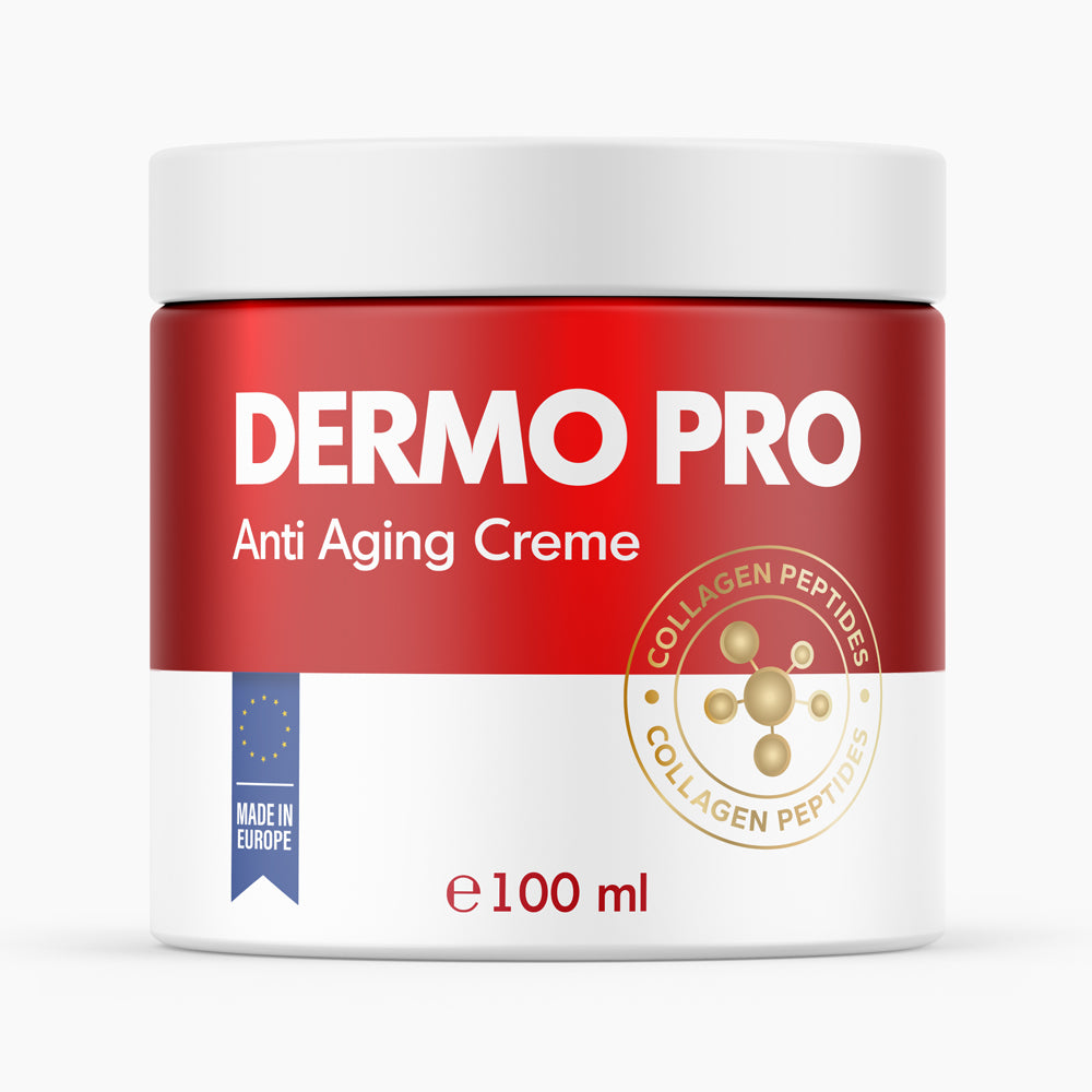 Weiße Kunststoffdose mit rotem Etikett Dermo Pro Anti Aging Creme, 100 ml und Molekülsymbol