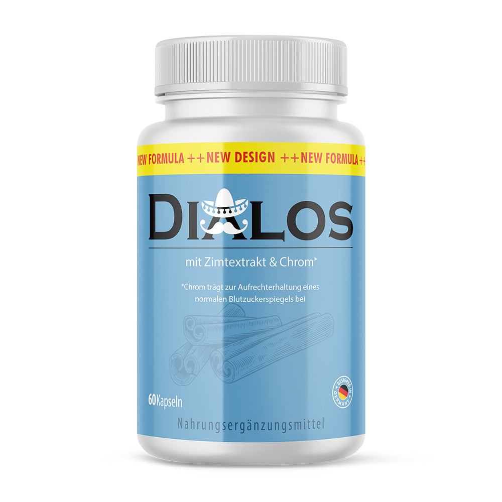 Dose mit Schrift Dialos auf blauem Etikett und grafischer Darstellung von Zimt, 60 Kapseln