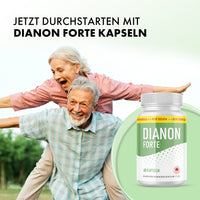 Thumbnail for Älteres Paar im Freien mit ausgestreckten Armen neben Dianon Forte Dose mit 60 Kapseln rechts