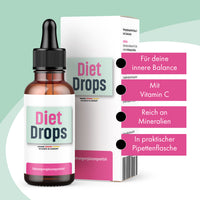 Thumbnail for Diet Drops Flasche mit Pipette vor passender Faltschachtel und pinken Textfeldern