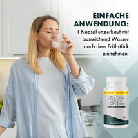 Thumbnail for Frau trinkt Wasser aus einem Glas, daneben Anwendungshinweis und Divine Hair Therapy Dose mit Text
