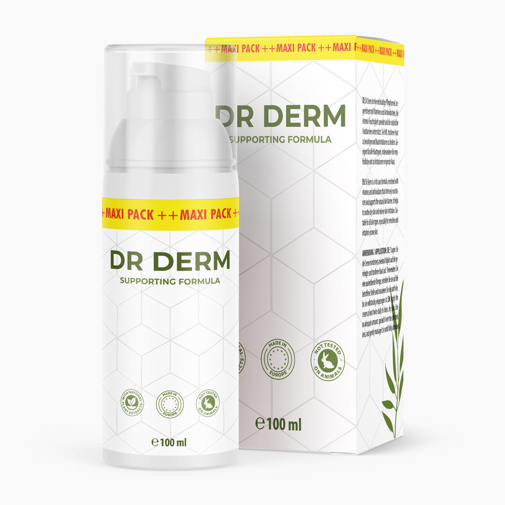 Flasche mit Pumpspender und Schrift DR DERM Supporting Formula 100 ml vor passender Faltschachtel