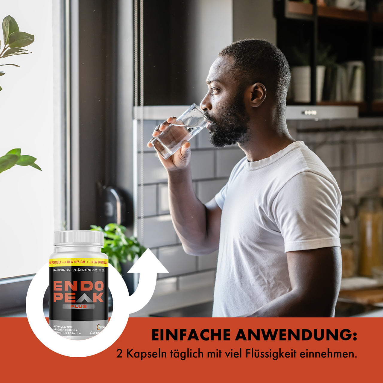 Endo Peak Plus Nahrungsergänzungsmittel, Mann mit Wasserglas, Einnahmehinweis