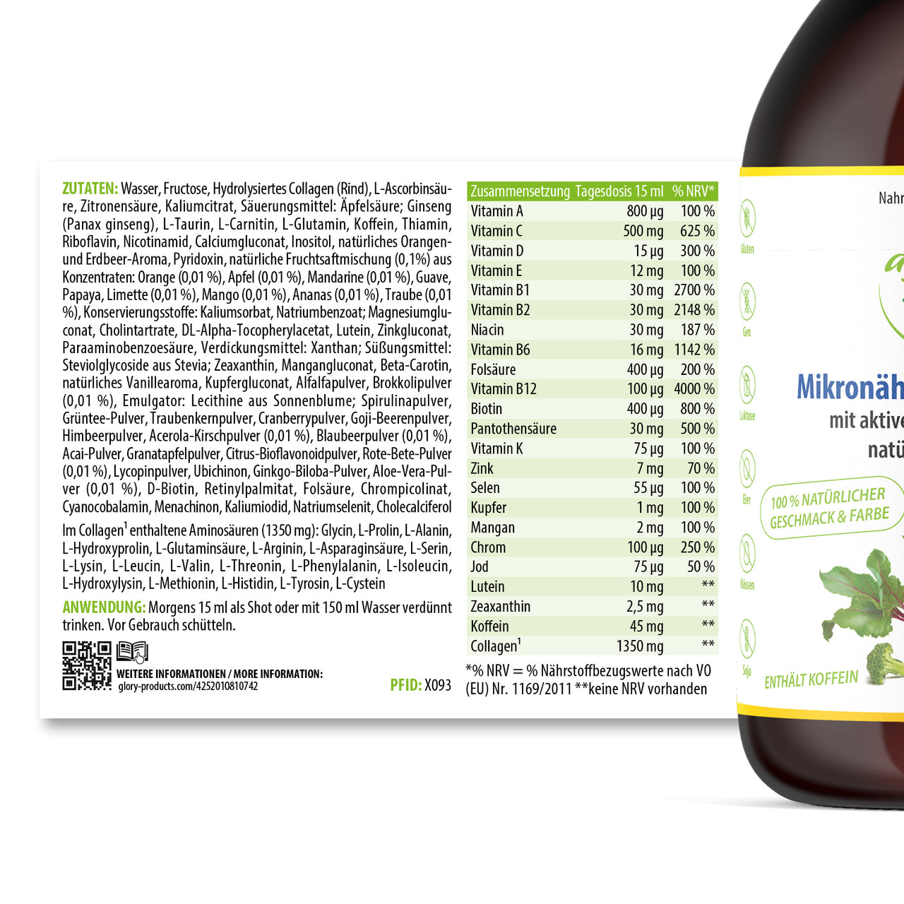 Zutaten- und Nährwerttabelle des Agila Vital Mikronährstoffkonzentrats mit Verzehrempfehlung