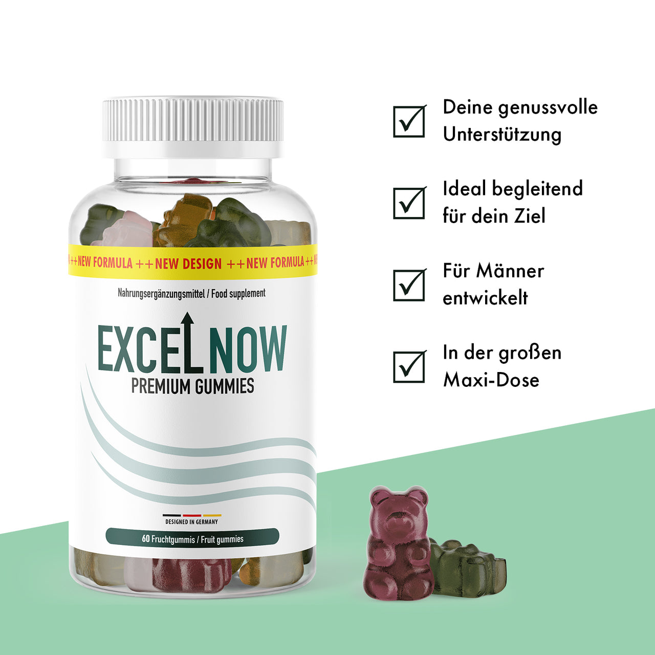 Excel Now Premium Gummies Dose mit sichtbaren Fruchtgummis, Infopunkten und Kästchen-Symbolen