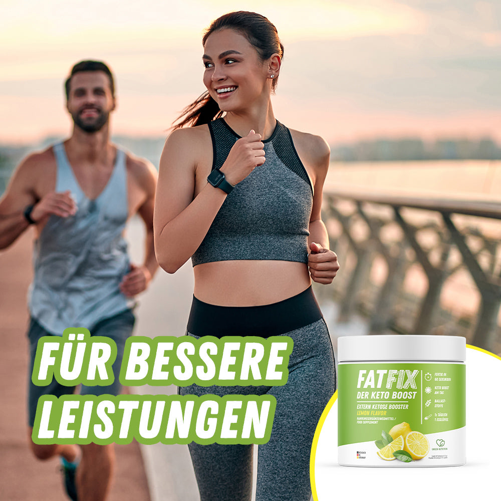 Zwei Personen joggen im Freien, vorn grüne FATFIX-Dose mit Zitronenabbildung