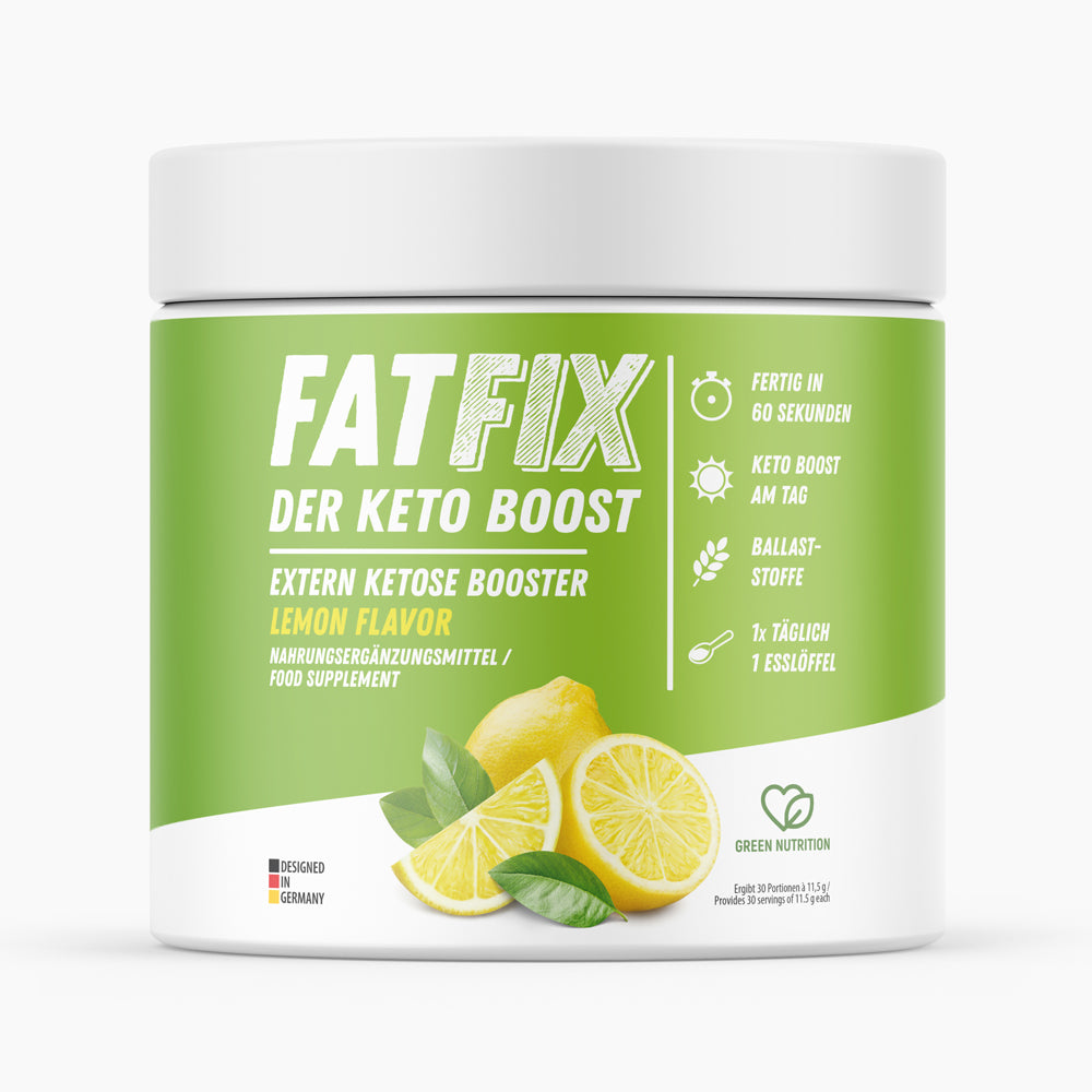 Grüne Kunststoffdose FATFIX DER KETO BOOST mit Zitronenabbildung und Lemon Flavor