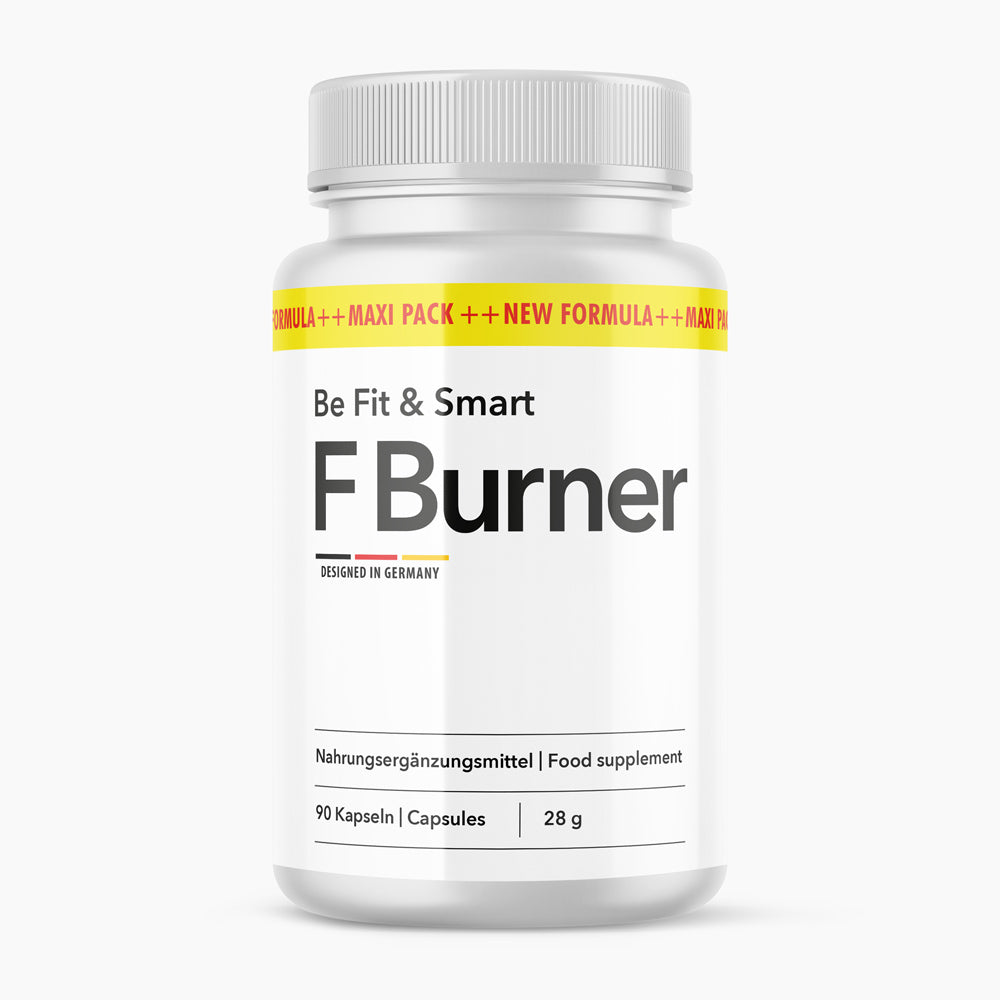 Dose des Nahrungsergänzungsmittels Be Fit & Smart FBurner mit weißem Deckel auf hellem Hintergrund