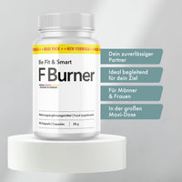 Thumbnail for Dose des Nahrungsergänzungsmittels Be Fit & Smart FBurner auf Podest mit sichtbaren Infohinweisen
