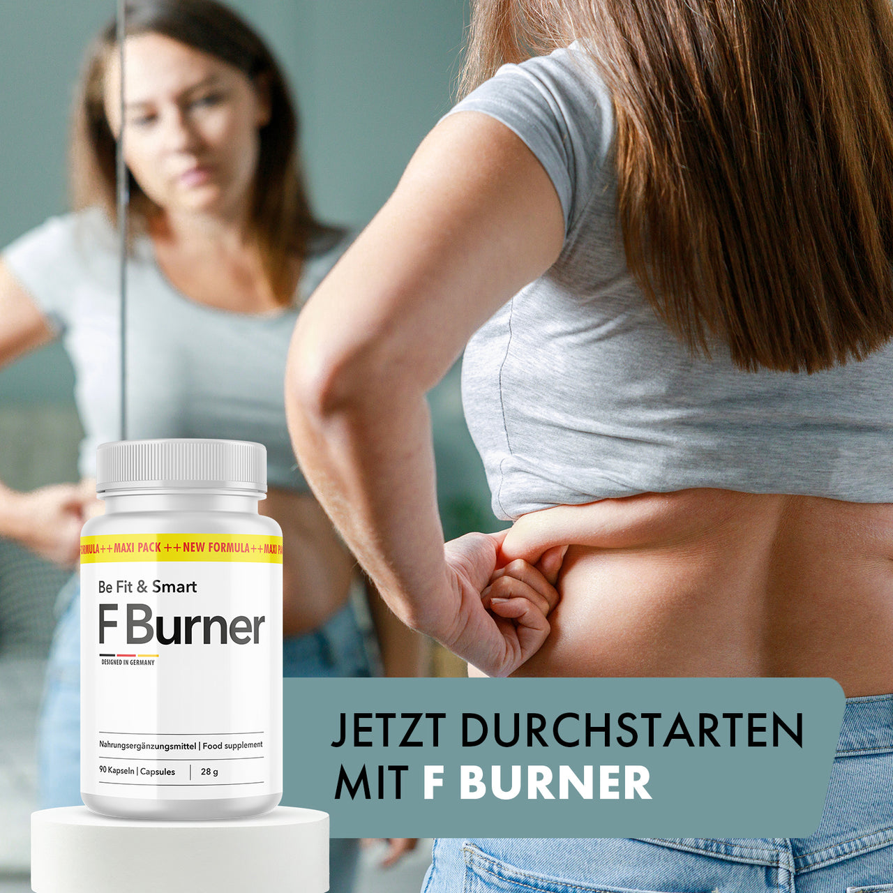 Dose Be Fit & Smart FBurner neben Frau, die sich im Spiegel betrachtet und ihre Hüfte berührt
