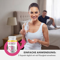Thumbnail for Frau hält Wasserglas und 2 Kapseln, daneben FemPotentia Frauenlust Dose und Anwendungshinweis