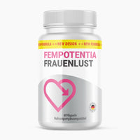 Thumbnail for Weiße Dose FemPotentia Frauenlust mit 60 Kapseln, Herzsymbol und rundem Siegel vorne sichtbar